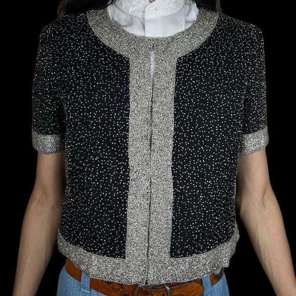 Adrianna Papell Jackets & Blazers - Beaded Blazer Vintage Sequin Bolero Jacket Short Sleeve Silk Coat